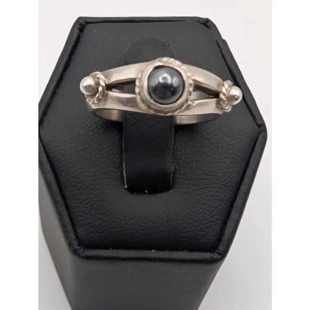 Vintage Mexico 925 Sterling Silver Hematite Ring‎ Sculptural Bypass Style 6.25